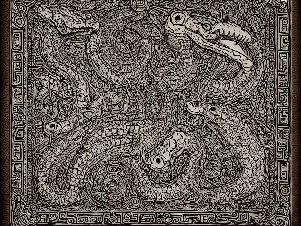 Image similar to mayan book decorative border frame on a white background, crocodile reptilian motifs, d & d, fantasy, intricate, elegant, highly detailed, digital painting, artstation, illustration, hearthstone