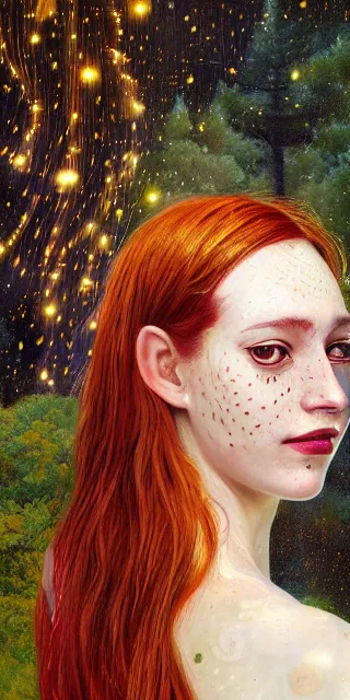 Image similar to infp young woman, smiling amazed, golden fireflies lights, full covering intricate detailed dress, amidst nature, long red hair, precise linework, accurate green eyes, small nose with freckles, beautiful oval shape face, realistic, expressive emotions, dramatic lights, hyper realistic ultrafine art by artemisia gentileschi, jessica rossier, boris vallejo