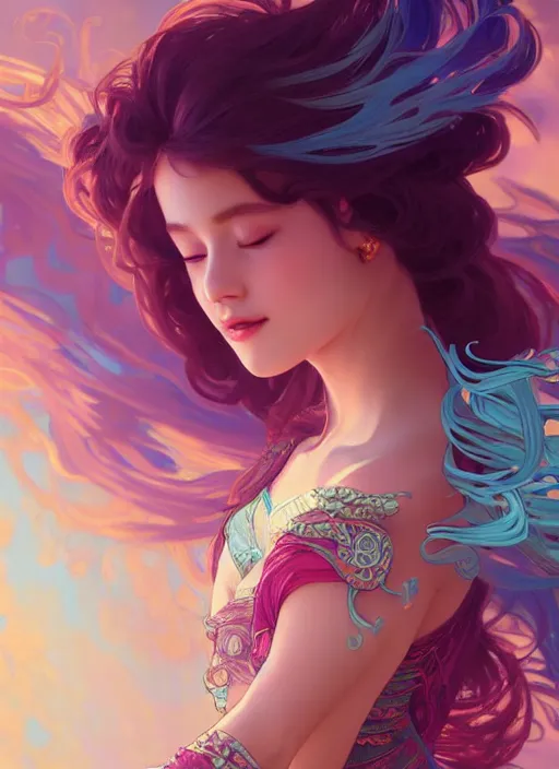 Image similar to beautiful dancer with long turqoise hair, cute, intricate, highly detailed, digital painting, trending on artstation, concept art, smooth, sharp focus, backlit, rim light, vivid colors, illustration, unreal engine 5, 8 k, art by rossdraws and alphonse mucha