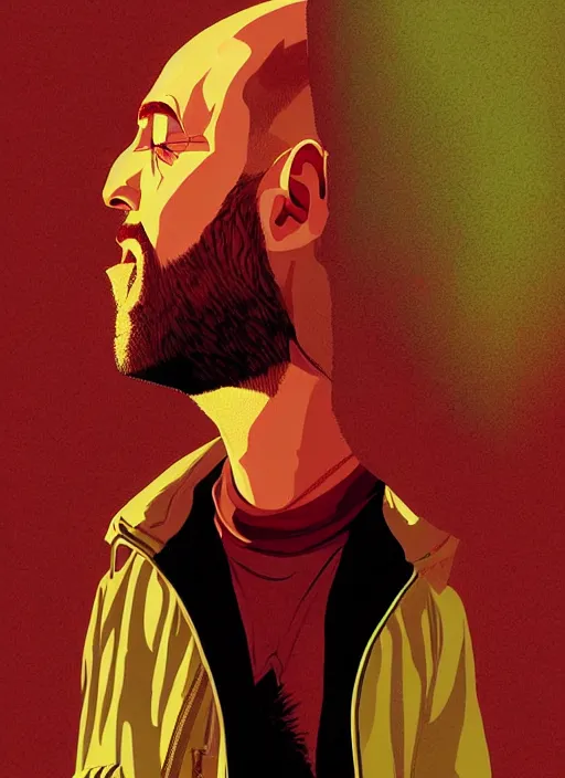 Prompt: highly detailed poster artwork by Michael Whelan and Tomer Hanuka, of Jessie Pinkman, from scene from Breaking Bad, clean