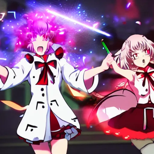 Prompt: touhou anime move epic battle scene, glowing light bullets, lasers
