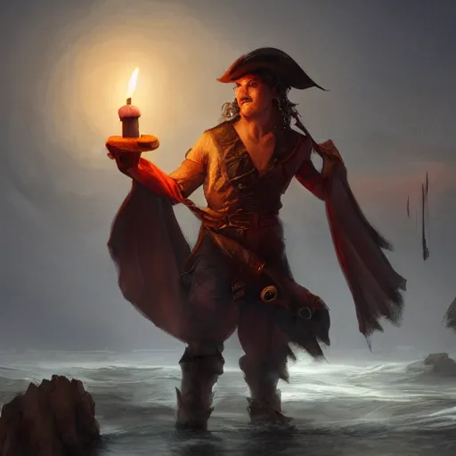 Image similar to concept art of a swashbuckler holding a candle discovering a sunken city, wearing a cape, wearing a night cap, highly detailed, digital art, illustration, artstation, very detailed, 4 k