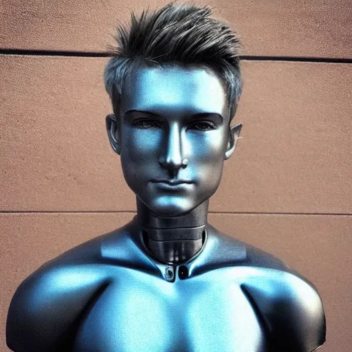 Image similar to “a realistic detailed photo of a guy who is an attractive humanoid who is half robot and half humanoid, who is a male android, twitch streamer Ninja Tyler Blevins, shiny skin, posing like a statue, blank stare”