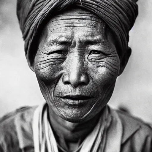 Image similar to ultra realistic vintage photo portrait of a tibetan man with hole spirals in the eyes, by Annie Leibovitz,