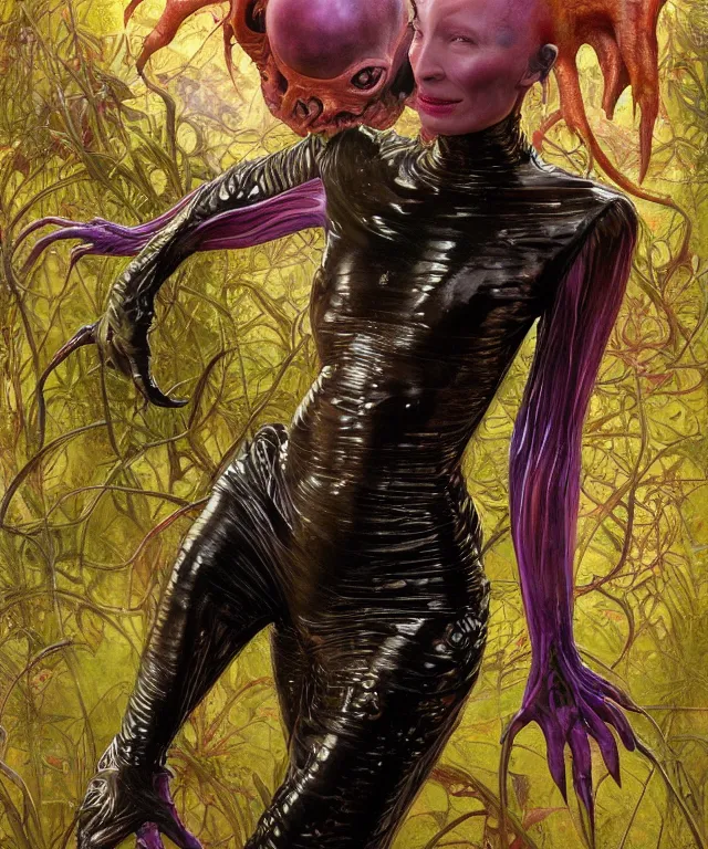 Prompt: a portrait photograph of a fierce mutated hybrid super villian with slimy skin. she looks like cate blanchet and is showing off a colorful infected bulbous shiny organic catsuit. by donato giancola, hans holbein, walton ford, gaston bussiere, peter mohrbacher and brian froud. 8 k, cgsociety, fashion editorial