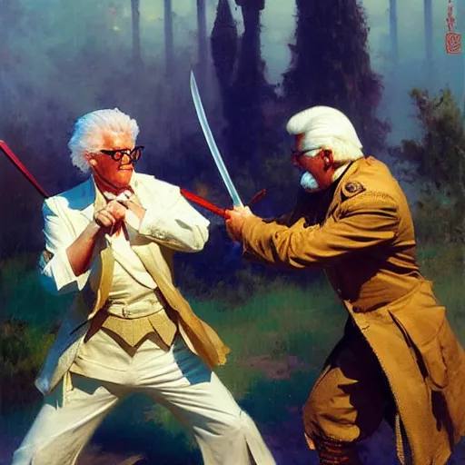 Image similar to colonel sanders with katana fighting donald mcdonald, highly detailed painting by gaston bussiere, craig mullins, j. c. leyendecker, 8 k