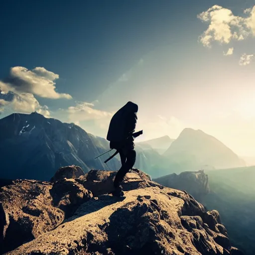 Image similar to person with hoodie walking up a mountain with a backpack that has katanas on the sides, anime, amazing composition, astonishing detail, smooth lines, beautiful scenery