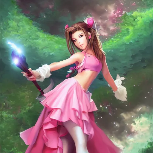 Prompt: aerith gainsborough by nick silva, ja mong, digital, high quality