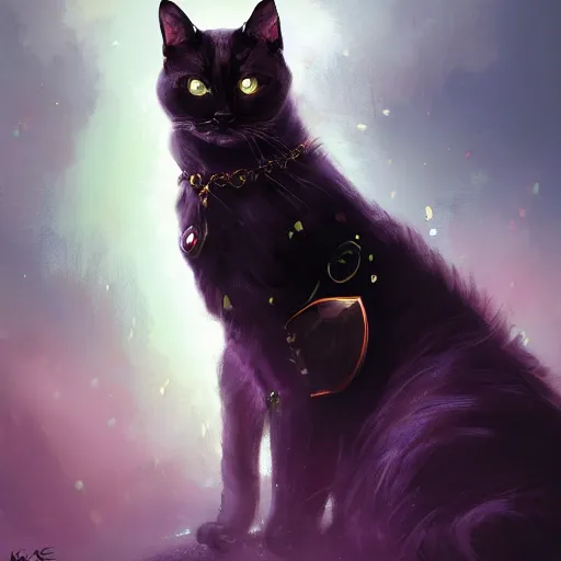 Image similar to masterpiece digital painting of a cat, focus on the face, visible face, heavy black obsidian armor, chaotic ruby inlays, large cape, by kev walker and greg rutkowski, atmospheric fog effects background, purple sparkles, artstation, deviantart, full body view, cinematic lights