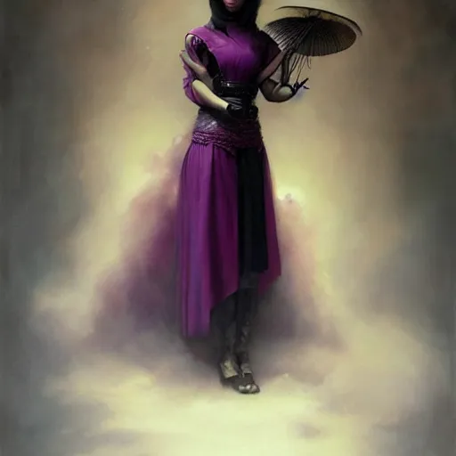 Image similar to photorealistic soft paint of absurdities and curiosities, very beautiful dollpunk asian female full long dress, ultra deep fog, purple black lustrous thin haircut, partial symmetry accurate features, focus, very intricate ultrafine details, award winning masterpiece, tom bagshaw ross tran