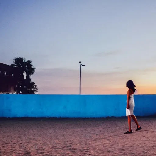 Image similar to a woman facing a blue portal on the street, which shows a beach at sunset