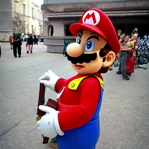 Prompt: cosplay mario in the ussr during the great purge with machine guns,