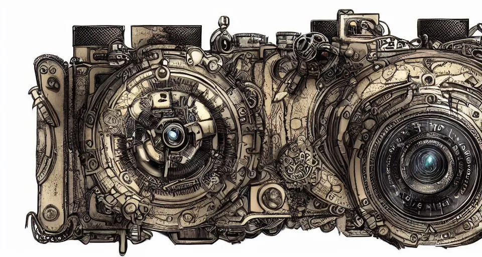 Image similar to A beautiful artwork illustration, extremely detailed and advanced steampunk-themed camera , featured on artstation, wide angle, horizontal orientation