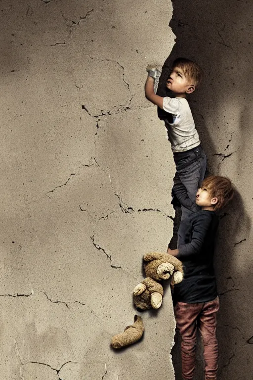 Image similar to giant crack hole on the brick concrete wall, child with dirty face watching from inside the crack reaching towards camera hand is holding a dirty ealistic teddybear. gloomy, intricate, elegant, highly detailed, digital painting, artstation, concept art, addiction, chains, smooth, sharp focus, illustration, art by ilja repin and greg rutkowski