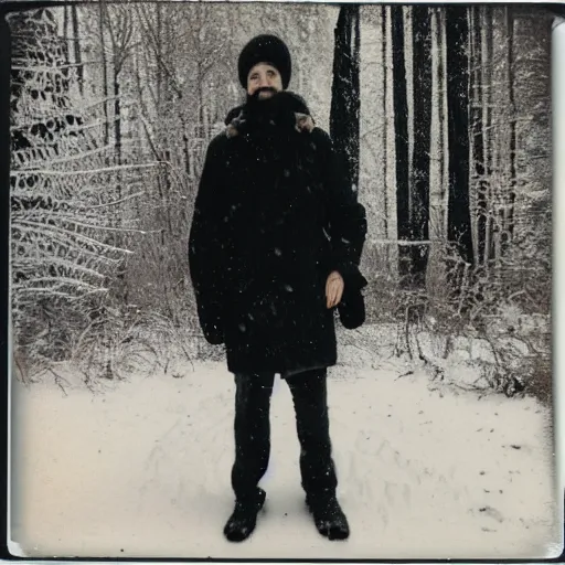 Image similar to vintage polaroid photograph of a man wearing black winter clothes and a black beanie in a snowy forest, standing next to a car