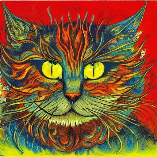 Image similar to a cat with fire in her claws, louis wain, fantasy art