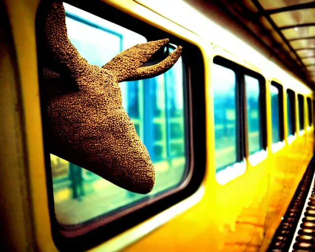 Image similar to a lomography photo of rumble between two human with deer head in soviet train this morning, bokeh,