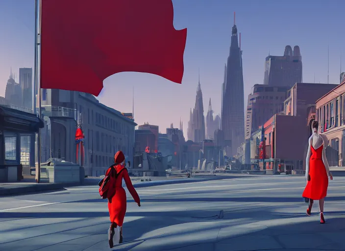 Image similar to inspiring beautiful girl carrying a red propaganda flag walking through beautiful futuristic city by Edward Hopper and Dan Mumford, Unreal Engine 5, Lumen, Nanite