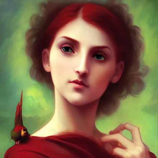 Image similar to a beautiful stunning fantasy whimsical matte digital portrait illustration of a pretty womam with bright green eyes and fiery red hair with a green bird on her shoulder, in the style of William Adolphe-Bouguereau and Marc Simonetti, magic the gathering, trending on artstation, contest winner