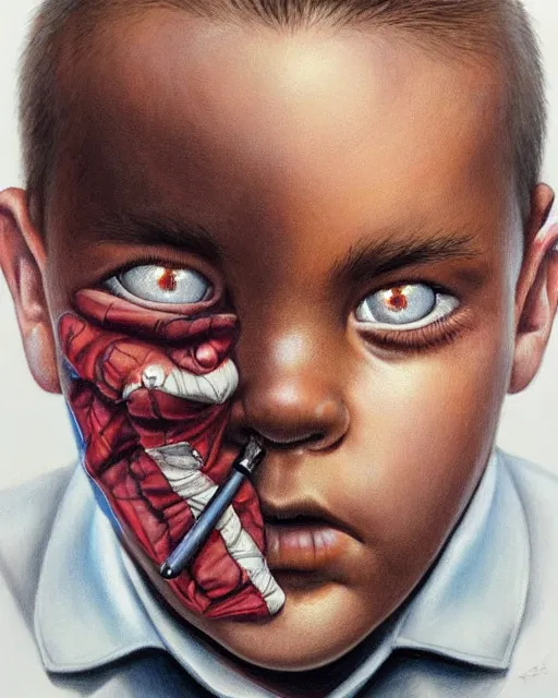 Image similar to portrait of a 7 year old child crime boss, gritty, wearing a suit, smoking, very detailed eyes, hyperrealistic, very detailed painting by Glenn Fabry, by Joao Ruas, by Artgerm