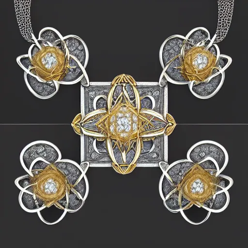 Image similar to intricate!! nordic ring and necklace and ear, silver and gold and diamond, isolated on a white background and a flower in the background, refraction, occlusion, filigree, lower and upper levels, keyshot render, octane render, vray render