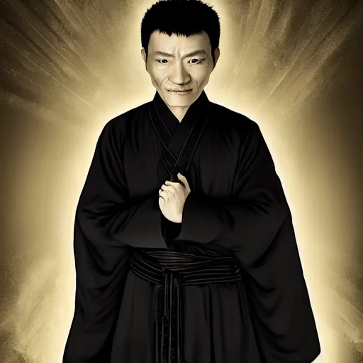 Image similar to portrait painting of a 3 0 - year - old chinese man, taoist priest, dressed in black and white taoist robe, like andy lau, immortal bone, affable ， wenjun lin, unreal engine 5 highly rendered, global illumination, radiant light, detailed and intricate environment