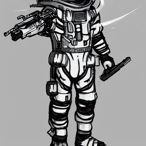 Prompt: concept art of a game character future weapon space suit Kim Jung Gi black and white