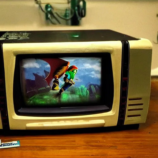 Prompt: photo of an old TV running Legend of Zelda: Ocarina of time