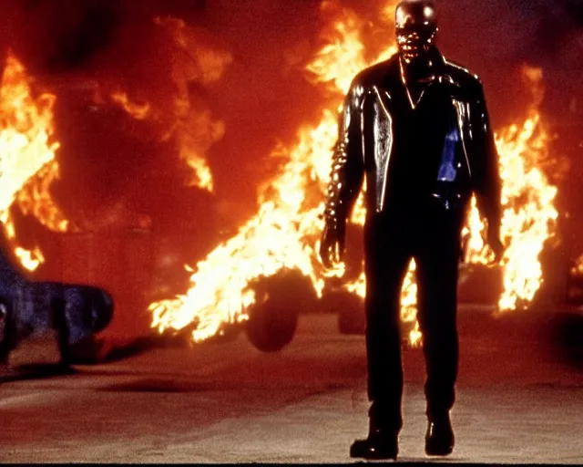 Image similar to Samuel L. Jackson plays Terminator wearing leather jacket and his endoskeleton is visible, walking out of flames