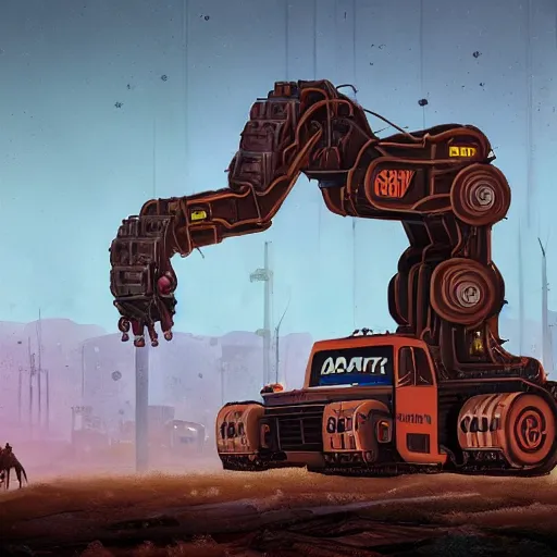 Prompt: giant scary quadrupedal mining machine, four legs, highly detailed body, industrial, in the style of simon stalenhag