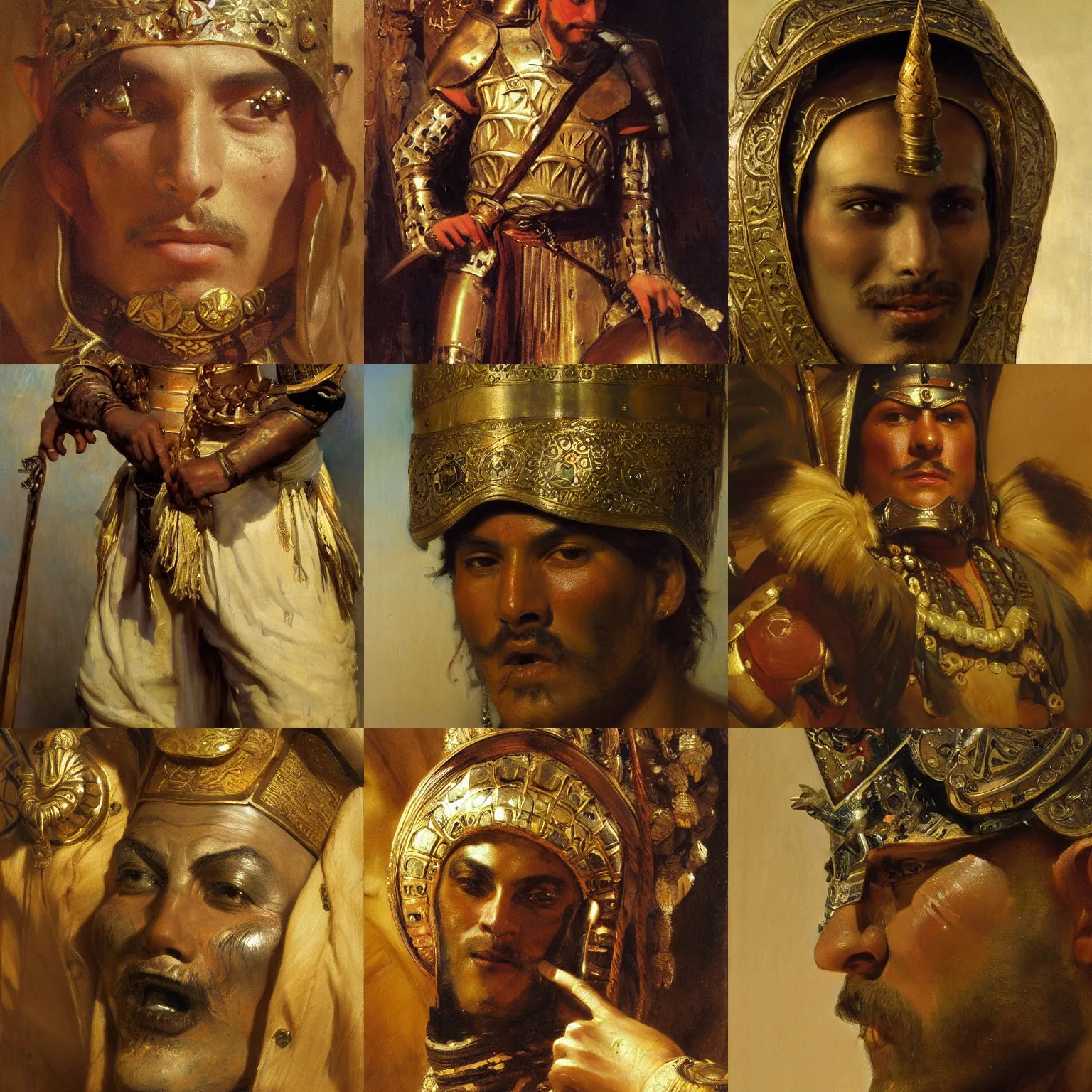 Prompt: orientalism painting of an armored footman face detail by theodore ralli and nasreddine dinet and anders zorn and edwin longsden long, bronze age, sword and sorcery, oil on canvas, masterful intricate artwork, excellent lighting, high detail 8 k