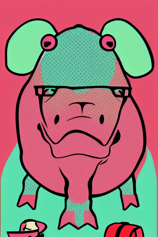 Prompt: Poster of a hipster hippo in the style of pop art, color, detailed, high resolution, vector art