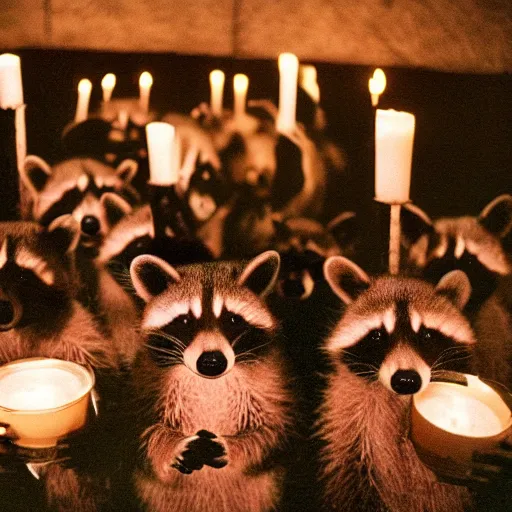 Image similar to vintage disposable camera photo, a group of raccoons wearing dark cult robes look towards the camera in surprise and anger as they perform a dark occult evil ceremony inside the secret lair of an underground mystery cult, dramatic candlelight, ultra - detailed, photorealistic, 4 k