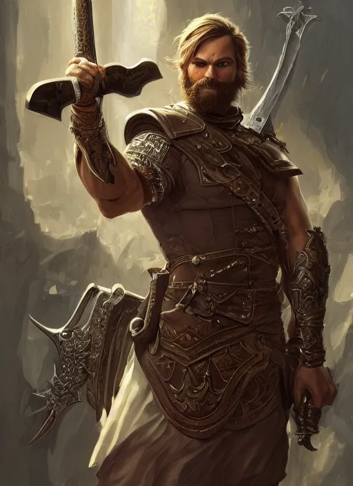 Image similar to PewDiePie as a mean looking hero holding an enormous large dual wielding sword, intricate, elegant, highly detailed, centered, digital painting, artstation, concept art, smooth, sharp focus, illustration, artgerm, donato giancola, Joseph Christian Leyendecker, WLOP, Boris Vallejo, Artgerm