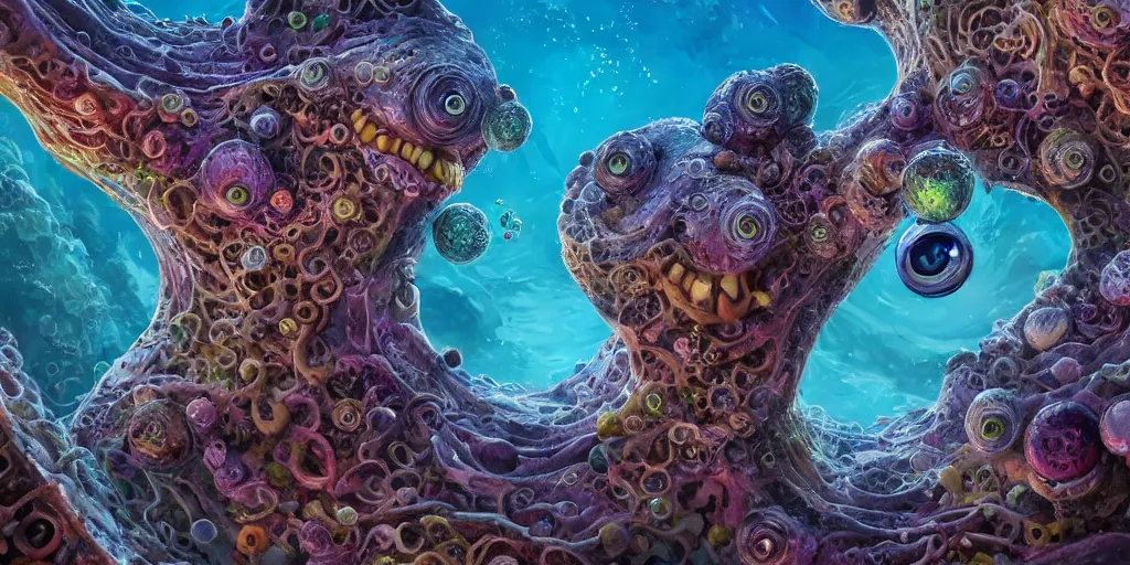 Image similar to of an intricate sea reef with strange cute friendly happy creatures with huge eyes, mouth, long tongue, round teeth and goofy face, appearing from the background, in the style of gehry and gaudi, macro lens, shallow depth of field, ultra detailed, digital painting, trending artstation, concept art, illustration, cinematic lighting, photorealism, epic, octane render