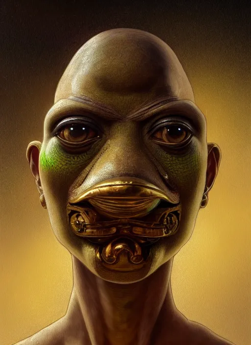 Image similar to 4 chan pepe, ancient egyptian god kek, sad, portrait, intricate, elegant, highly detailed, digital painting, artstation, concept art, wallpaper, smooth, sharp focus, illustration, art by h. r. giger and artgerm and greg rutkowski and alphonse mucha