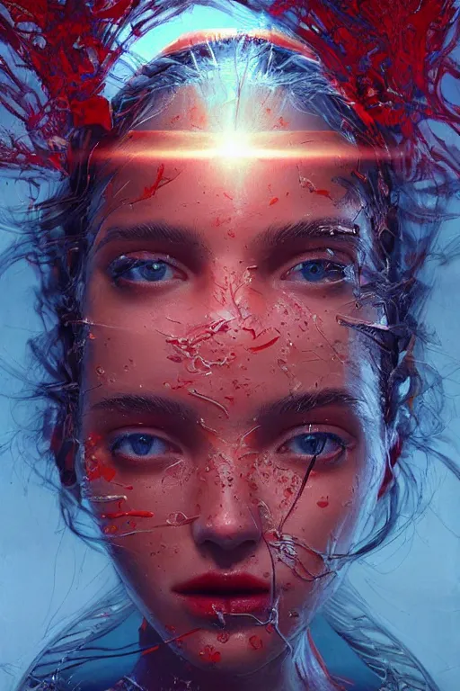 Prompt: 3 d, sci - fi, sun rays, sleepy fashion model face, detailed faces aside, cinematic, vogue cover style, poster art, light red and deep blue mood, realistic painting, intricate oil painting, high detail, figurative art, multiple exposure, poster art, 3 d, by tooth wu and wlop and beeple and greg rutkowski