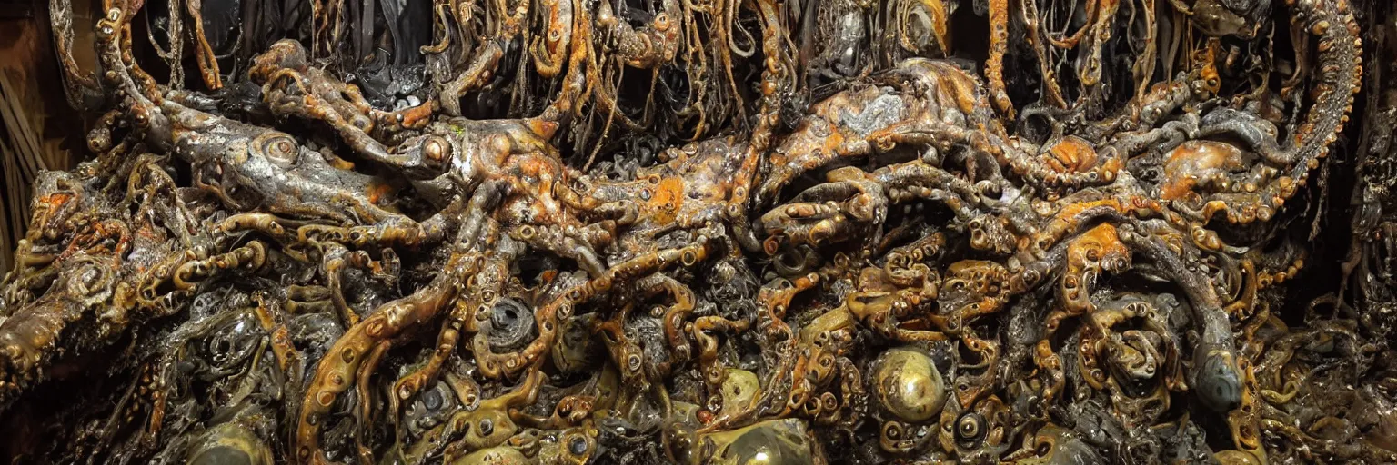 Image similar to low wide angle photo taken of an epic intricate, ultra detailed, super realistic gritty, hero prop, exquisitely painted animatronic movie prop of a wet slimy grotesque nightmarish hellish mutant cephalopod creature displayed in the workshop, created by weta workshop, full body shot, photorealistic, sharp focus