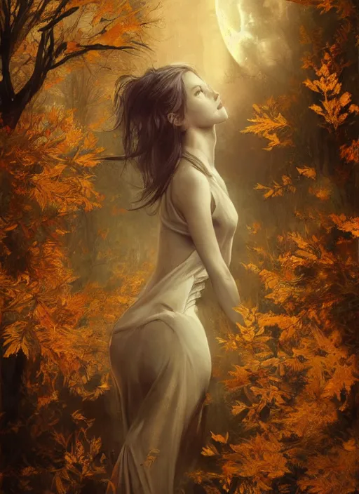 Image similar to golden leaves at frame border, creative composition for a book cover, moon, beautiful portrait painting by jeremy mann, a female witch absurdly beautiful, ultrafine hyperrealistic detailed face by wlop and artgerm and greg rutkowski, intricate linework, sharp focus, smooth, octopath traveler, final fantasy, unreal engine, dramatic lighting, ethereal, 8 k