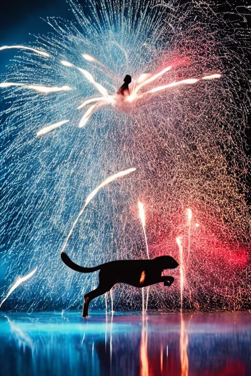 Prompt: man throwing a beagle in the air while standing in water with fireworks in background, full body, silhouette, reflection in water, volumetric lighting, golden ratio, backlit