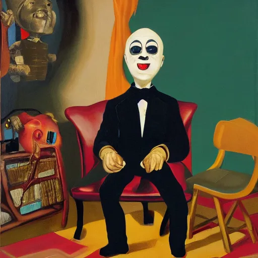 Prompt: oil painting of ventriloquist's dummy, sitting on chair with black leather seat, with gold comedy and tragedy masks on floor, black curtains in background, by neo rauch and paula rego