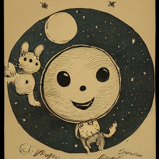 Prompt: night sky, stars, anthropomorphic talking moon with happy eyes prominently in the center, surrounded by clouds, landscape, illustrated by peggy fortnum and beatrix potter and sir john tenniel