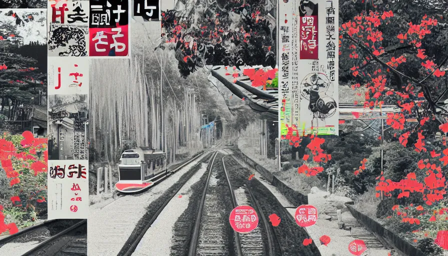 Prompt: Japan rural splendor rail travel and touring c2050, surrealist psychedelic photo-collage painting spot illustration in the style of Newsweek magazine, +81 magazine, minimalist clinical white negative space, clinical muted deep neon color, spot color and metallic inks clean slick design