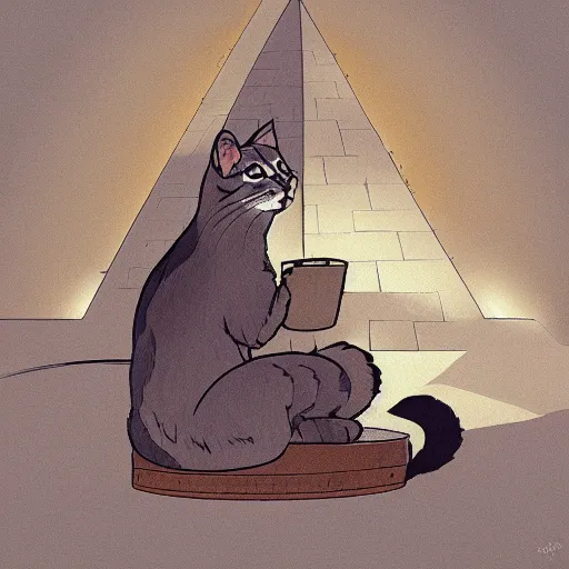 Prompt: A tabby cat seated on a throne inside the Great Pyramid of Giza illustration by Hayao Miyazaki, trending on Artstation