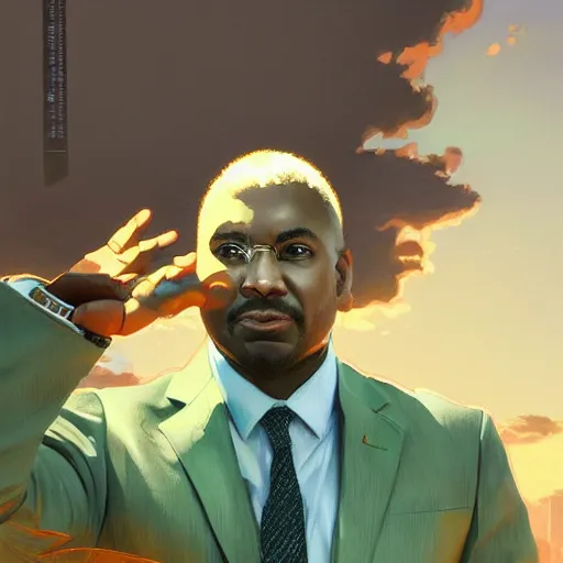 Image similar to black businessman talking against a green screen backdrop, digital painting, artstation, smooth, sharp focus, illustration, art by artgerm and greg rutkowski and alphonse mucha