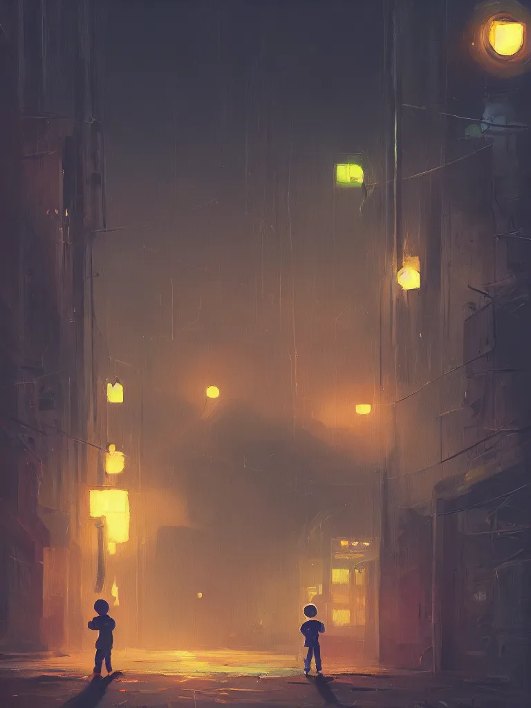 Prompt: one single little boy in a dark street in a big city with neonlights by night a painting from stalenhag, 4 k, 8 k, hdr, artstation, concept art