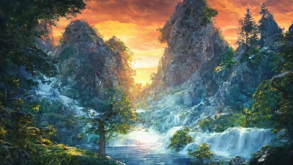 Prompt: featured on artstation tree overlooking valley waterfall sunset beautiful image stylized digital art