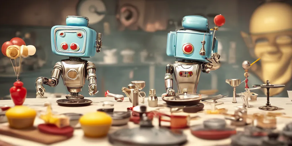 Image similar to closeup portrait of tin toy retro robot chef cooking pastry in a kitchen, depth of field, zeiss lens, detailed, centered, fashion photoshoot, by nicoletta ceccoli, mark ryden, lostfish, breathtaking, 8 k resolution, extremely detailed, beautiful, establishing shot, artistic, hyperrealistic, octane render