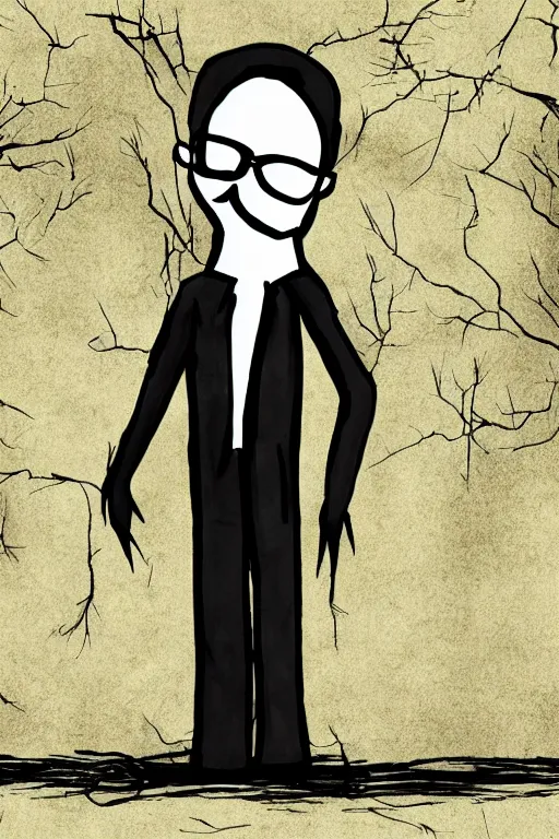 Prompt: Walter White as Slenderman, with long arms and legs, staring at viewer, smiling, Horror, found footage, dark forest background