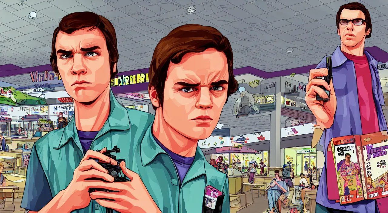 Image similar to GTA V illustration of 1980s nerdy white teenager on the cover of GTA V, in the food court of a 1980s shopping mall, wide angle lens, close up shot